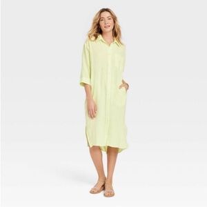 NEW! Universal Thread Yellow 3/4 Sleeve Midi Cotton Gauze Shirt Dress L